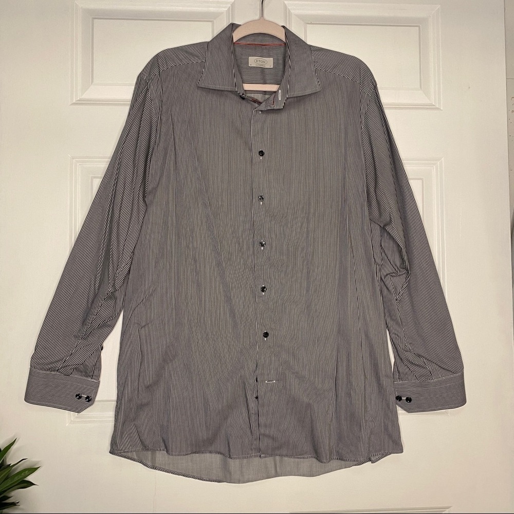 Eton Contemporary Black & White Striped Button Front Dress Shirt Size 43-17